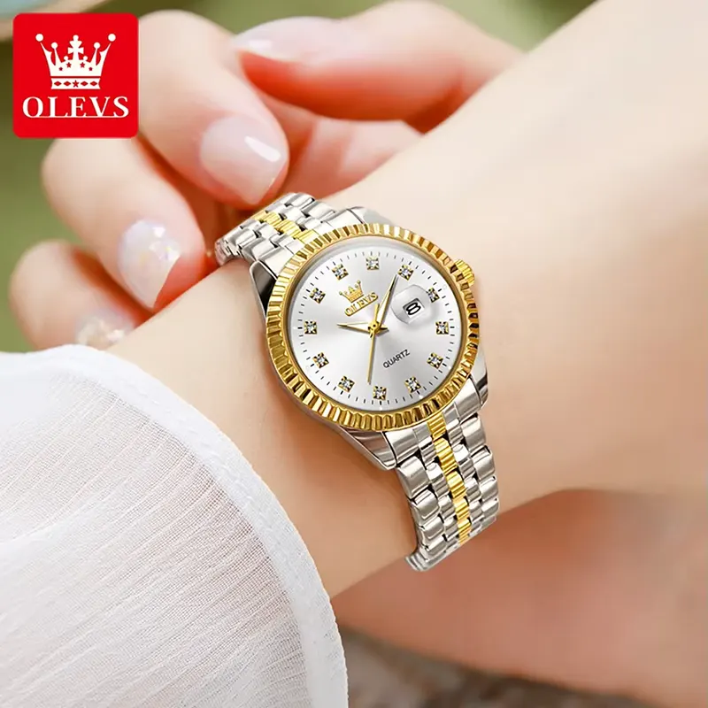 Olevs Luxurious White Dial Two-tone Couple Watch | 5526